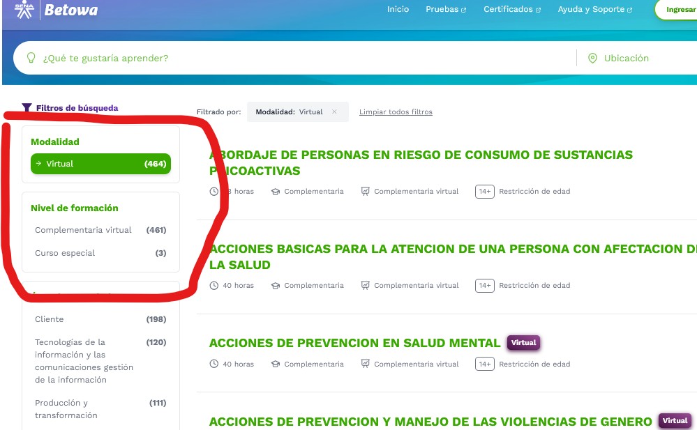 tipo de curso para inscribirse al sena en betowa