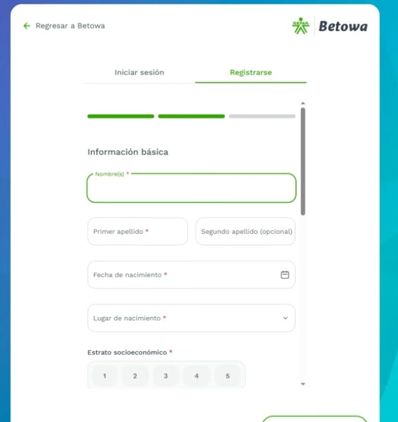 registrarse en betowa sena cuenta datos personales