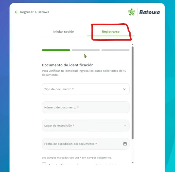registrarse en betowa sena cuenta datos